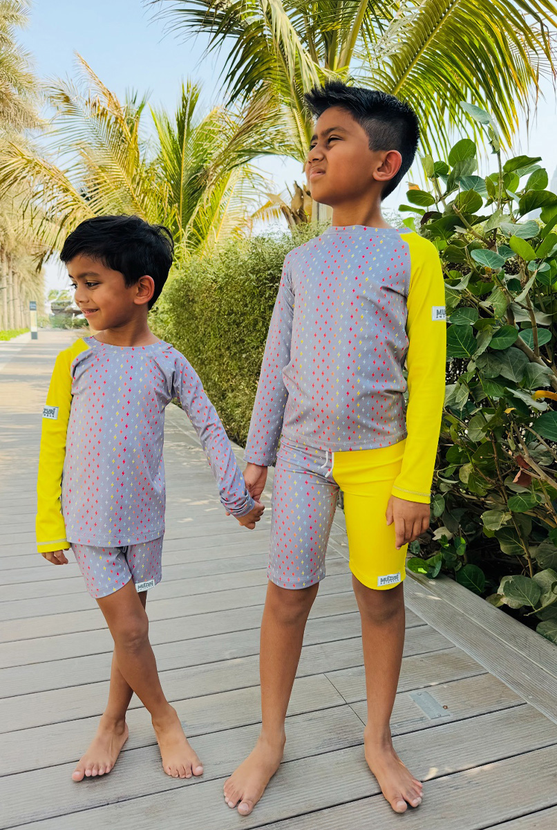 Boys Swimwear, Boys Costume, Boys Swimming Costume, Buy Boys Swimwear, Buy Boys Swimming Costume, grey swimming costume, printed swimming costume, yellow swimming costume
