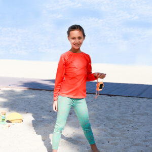 Girls Swimwear, Girls Costume, Girls Swimming Costume, Long Sleeve Rash Vest, Swim Leggings, Orange swimming costume, Green Swimming costume, Orange and Green costume