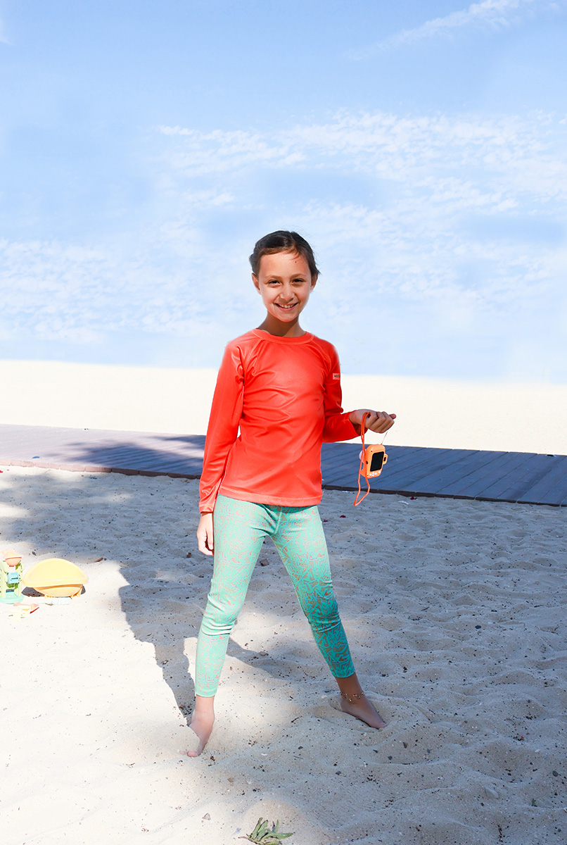 Girls Swimwear, Girls Costume, Girls Swimming Costume, Long Sleeve Rash Vest, Swim Leggings, Orange swimming costume, Green Swimming costume, Orange and Green costume